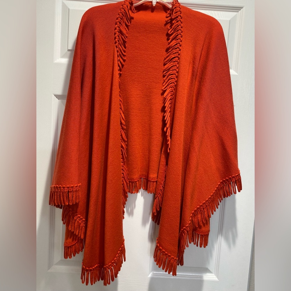 Vibrant Orange Coldwater Creek OS looped Fringed Shawl cape